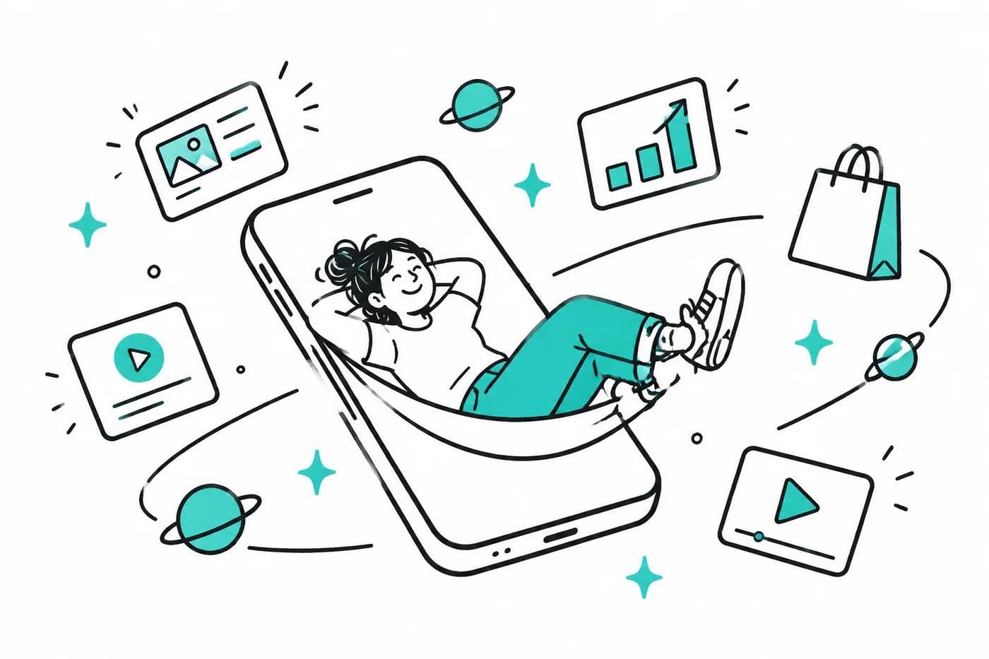 A person relaxing in a phone hammock while ad cards orbit around them and the agent works in the background