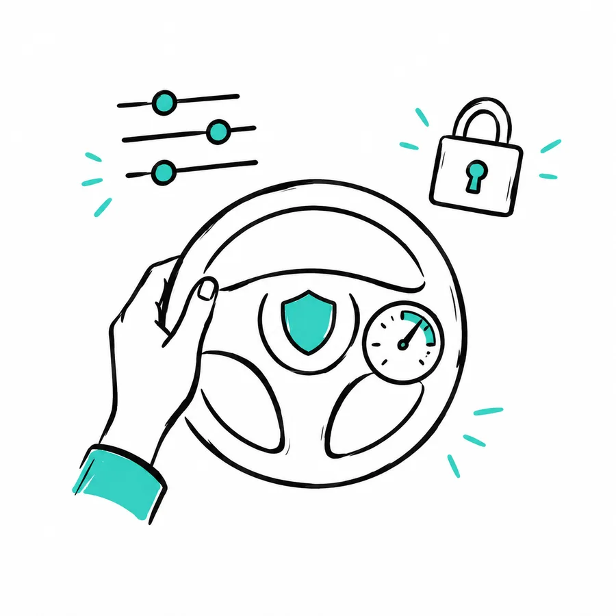 A steering wheel with a shield, representing controlled scaling